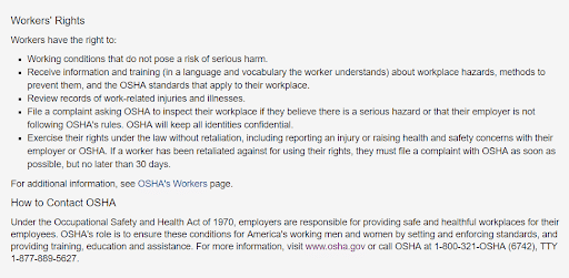 OSHA Workers' Rights Statement